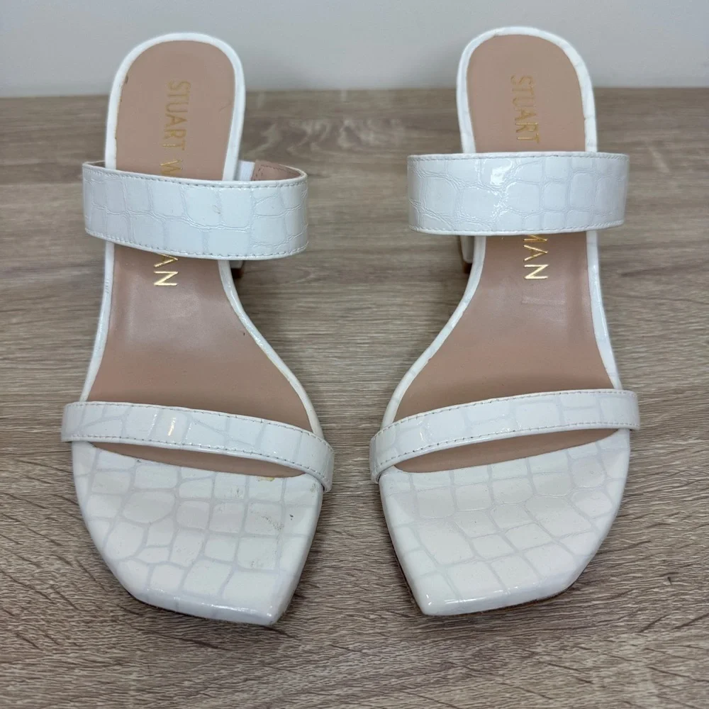 Stuart Weitzman White Croc-Embossed Block Heels Sandals Size 8